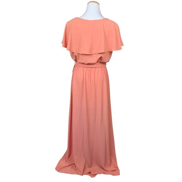 Vici Maxi Dress Peach Coral Flutter‎ Cape Sleeve Tie Waist Front Slit Women's L - Picture 6 of 9